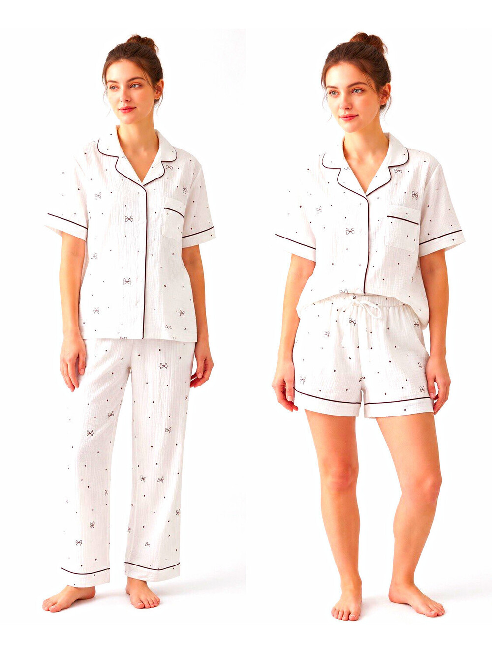 Women’s 3-Piece Bow Print Pajama Set Size L Shorts Pants Button Up White